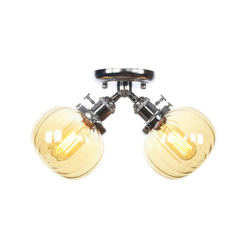Amber/Clear Glass Ball Semi Flush Pendant Light Industrial Style 2 Heads Black/Bronze Ceiling Mounted Lamp for Restaurant Clearhalo 'Ceiling Lights' 'Close To Ceiling Lights' 'Close to ceiling' 'Glass shade' 'Glass' 'Semi-flushmount' Lighting' 256618