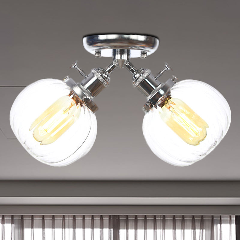 Amber/Clear Glass Ball Semi Flush Pendant Light Industrial Style 2 Heads Black/Bronze Ceiling Mounted Lamp for Restaurant Chrome Clear Clearhalo 'Ceiling Lights' 'Close To Ceiling Lights' 'Close to ceiling' 'Glass shade' 'Glass' 'Semi-flushmount' Lighting' 256619
