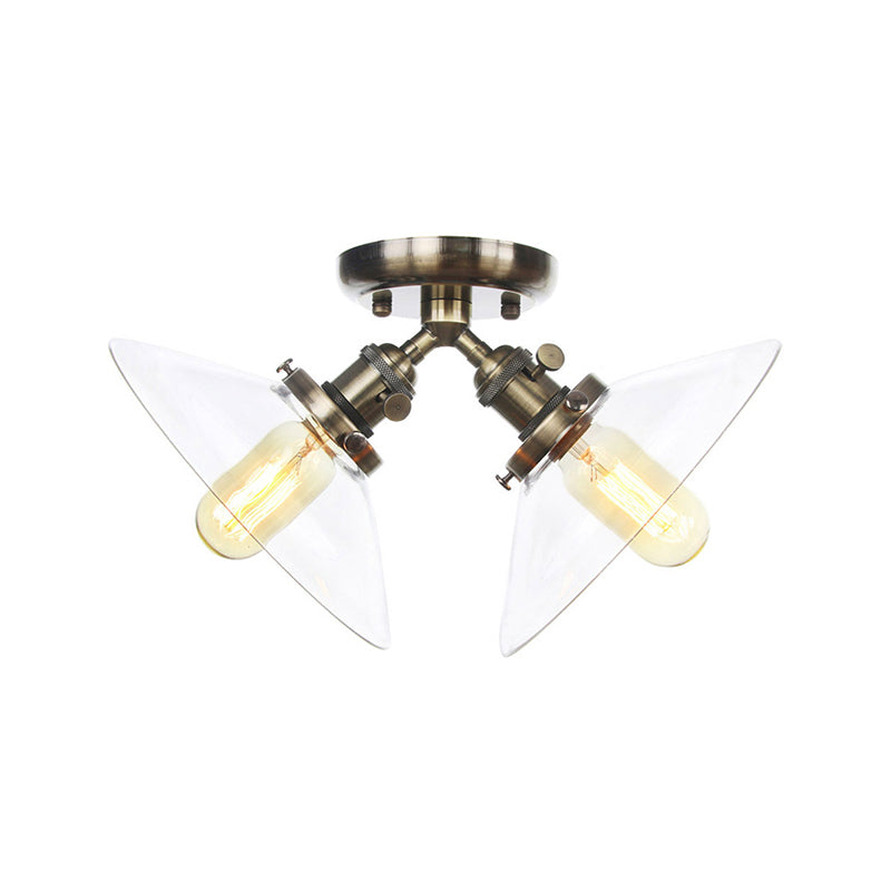Conical Restaurant Semi Flush Light Clear Glass 2 Lights Industrial Stylish Ceiling Flush Mount in Black/Bronze Clearhalo 'Ceiling Lights' 'Close To Ceiling Lights' 'Close to ceiling' 'Glass shade' 'Glass' 'Pendant Lights' 'Semi-flushmount' Lighting' 256675