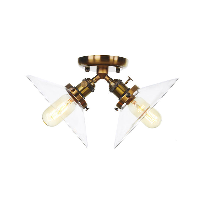 Conical Restaurant Semi Flush Light Clear Glass 2 Lights Industrial Stylish Ceiling Flush Mount in Black/Bronze Clearhalo 'Ceiling Lights' 'Close To Ceiling Lights' 'Close to ceiling' 'Glass shade' 'Glass' 'Pendant Lights' 'Semi-flushmount' Lighting' 256678