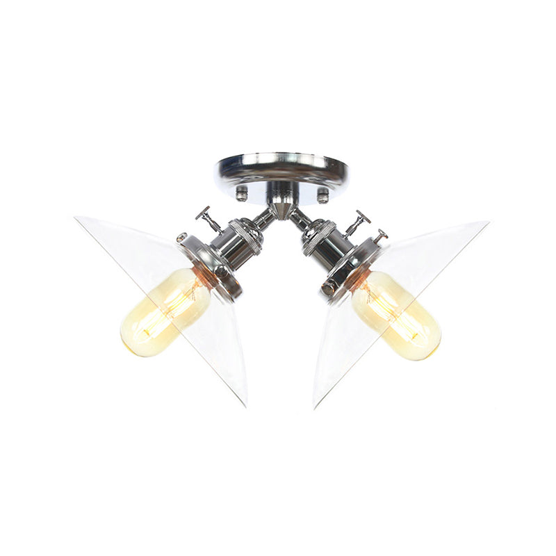 Conical Restaurant Semi Flush Light Clear Glass 2 Lights Industrial Stylish Ceiling Flush Mount in Black/Bronze Clearhalo 'Ceiling Lights' 'Close To Ceiling Lights' 'Close to ceiling' 'Glass shade' 'Glass' 'Pendant Lights' 'Semi-flushmount' Lighting' 256684