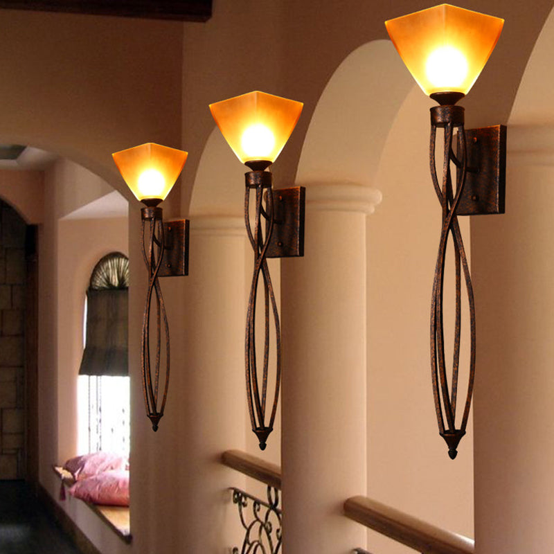 Twist Corridor Wall Lamp Vintage Metal 1 Light Rust Sconce Light Fixture with Trapezoid Glass Shade Clearhalo 'Wall Lamps & Sconces' 'Wall Lights' Lighting' 256700