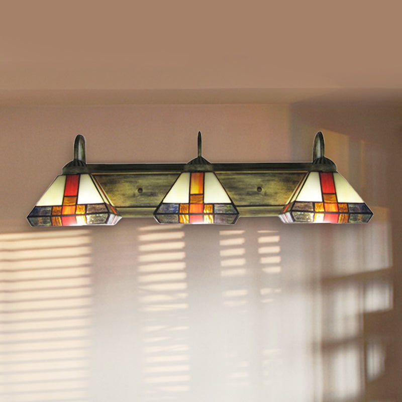 Triple Light Cone Vanity Lamp Stained Glass Mission Wall Sconce Light in Aged Brass Clearhalo 'Industrial' 'Middle century wall lights' 'Tiffany wall lights' 'Tiffany' 'Wall Lamps & Sconces' 'Wall Lights' Lighting' 256847