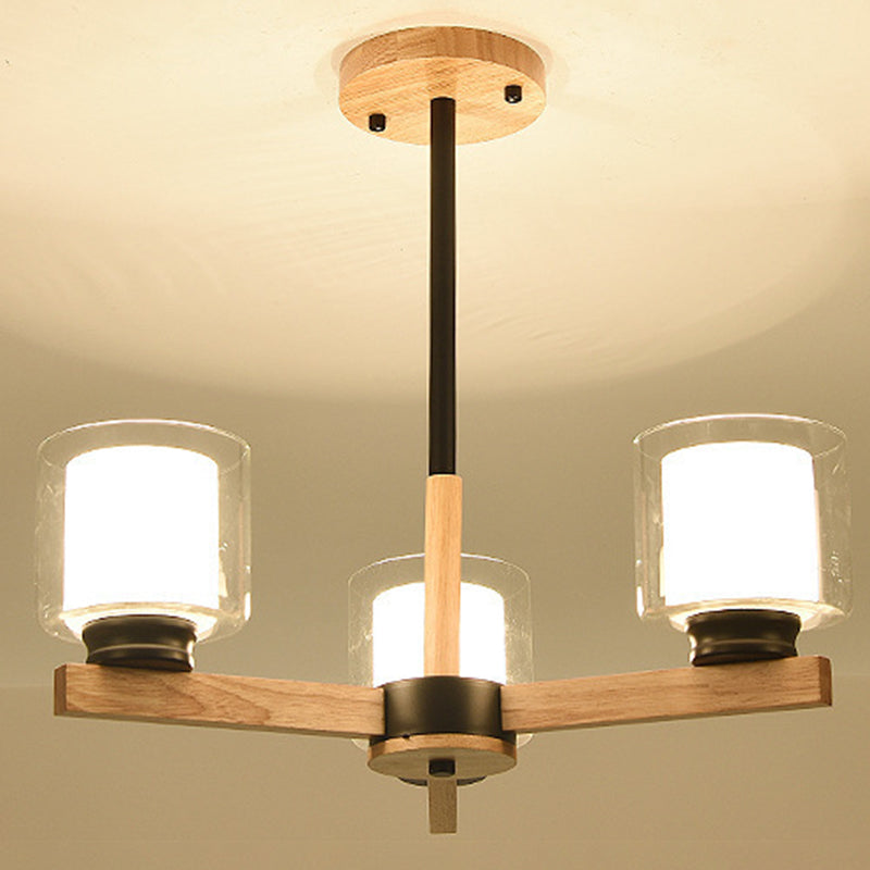 Cylinder Chandelier Lighting Fixtures Modern White Glass Suspension Light With Wooden Stand for Living Room 3 Black Clearhalo 'Carpenter Chandeliers' 'Ceiling Lights' 'Chandeliers' 'Industrial' 'Modern Chandeliers' 'Modern' Lighting' 2569379