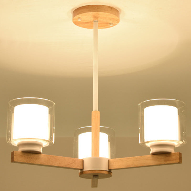 Cylinder Chandelier Lighting Fixtures Modern White Glass Suspension Light With Wooden Stand for Living Room 3 White Clearhalo 'Carpenter Chandeliers' 'Ceiling Lights' 'Chandeliers' 'Industrial' 'Modern Chandeliers' 'Modern' Lighting' 2569380