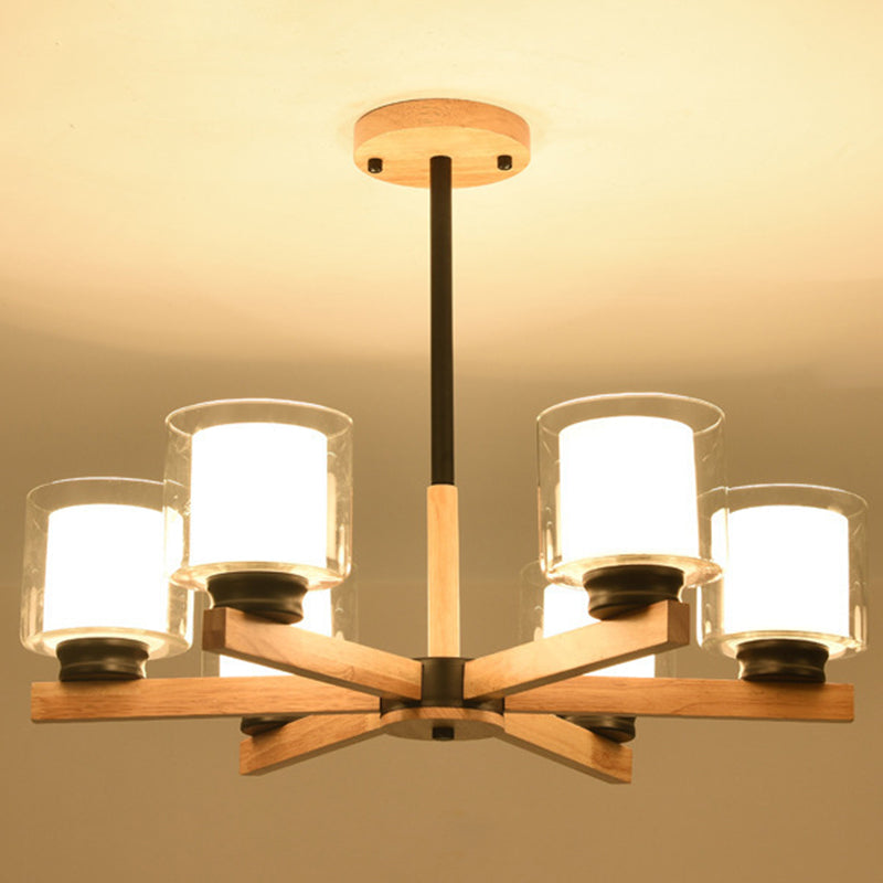 Cylinder Chandelier Lighting Fixtures Modern White Glass Suspension Light With Wooden Stand for Living Room 6 Black Clearhalo 'Carpenter Chandeliers' 'Ceiling Lights' 'Chandeliers' 'Industrial' 'Modern Chandeliers' 'Modern' Lighting' 2569383