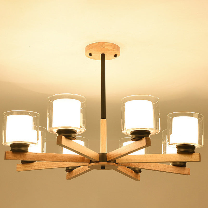 Cylinder Chandelier Lighting Fixtures Modern White Glass Suspension Light With Wooden Stand for Living Room 8 Black Clearhalo 'Carpenter Chandeliers' 'Ceiling Lights' 'Chandeliers' 'Industrial' 'Modern Chandeliers' 'Modern' Lighting' 2569386