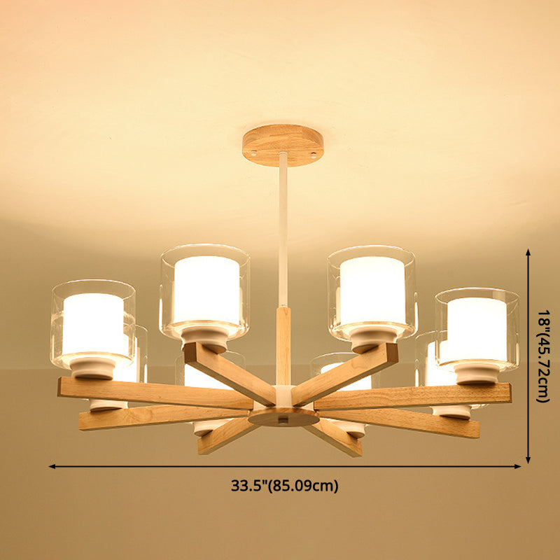 Cylinder Chandelier Lighting Fixtures Modern White Glass Suspension Light With Wooden Stand for Living Room Clearhalo 'Carpenter Chandeliers' 'Ceiling Lights' 'Chandeliers' 'Industrial' 'Modern Chandeliers' 'Modern' Lighting' 2569395