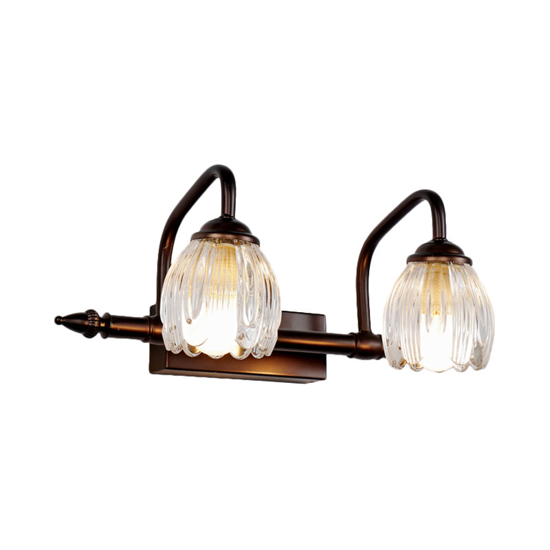 Flower Bathroom Wall Lamp Vintage Clear Textured Glass 2/3/4 Lights Copper Make-Up Lighting Clearhalo 'Vanity Lights' 'Wall Lights' Lighting' 257102
