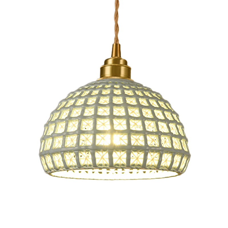 Blue/Pink Dome Suspension Lamp Vintage Stylish 1 Light Ceramic Hanging Lighting with Hollow Out Design Clearhalo 'Art Deco Pendants' 'Cast Iron' 'Ceiling Lights' 'Ceramic' 'Crystal' 'Industrial Pendants' 'Industrial' 'Metal' 'Middle Century Pendants' 'Pendant Lights' 'Pendants' 'Tiffany' Lighting' 257350