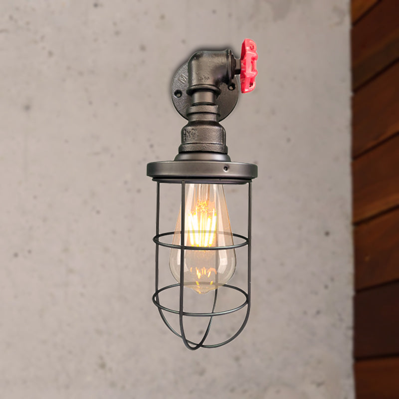 Wire Frame Corridor Wall Sconce Iron 1 Head Farmhouse Wall Lighting Fixture with Red Valve Design in Antique Brass/Black Clearhalo 'Art deco wall lights' 'Cast Iron' 'Glass' 'Industrial wall lights' 'Industrial' 'Middle century wall lights' 'Modern' 'Rustic wall lights' 'Tiffany' 'Traditional wall lights' 'Wall Lamps & Sconces' 'Wall Lights' Lighting' 257403