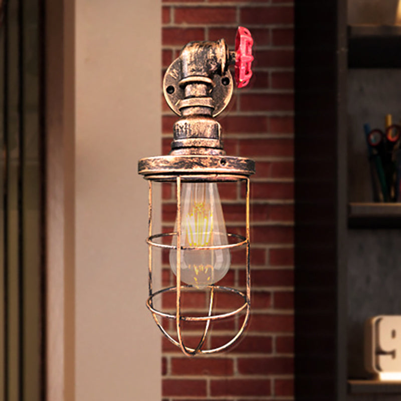 Wire Frame Corridor Wall Sconce Iron 1 Head Farmhouse Wall Lighting Fixture with Red Valve Design in Antique Brass/Black Clearhalo 'Art deco wall lights' 'Cast Iron' 'Glass' 'Industrial wall lights' 'Industrial' 'Middle century wall lights' 'Modern' 'Rustic wall lights' 'Tiffany' 'Traditional wall lights' 'Wall Lamps & Sconces' 'Wall Lights' Lighting' 257408