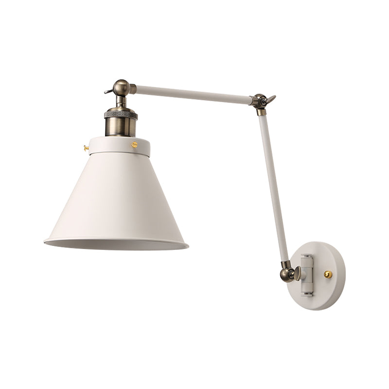 Cone Wall Lighting Fixture Industrial Style Metal 1 Bulb Black/White Wall Sconce Light with Swing Arm for Bedroom Clearhalo 'Art deco wall lights' 'Cast Iron' 'Glass' 'Industrial wall lights' 'Industrial' 'Middle century wall lights' 'Modern' 'Rustic wall lights' 'Tiffany' 'Traditional wall lights' 'Wall Lamps & Sconces' 'Wall Lights' Lighting' 257447