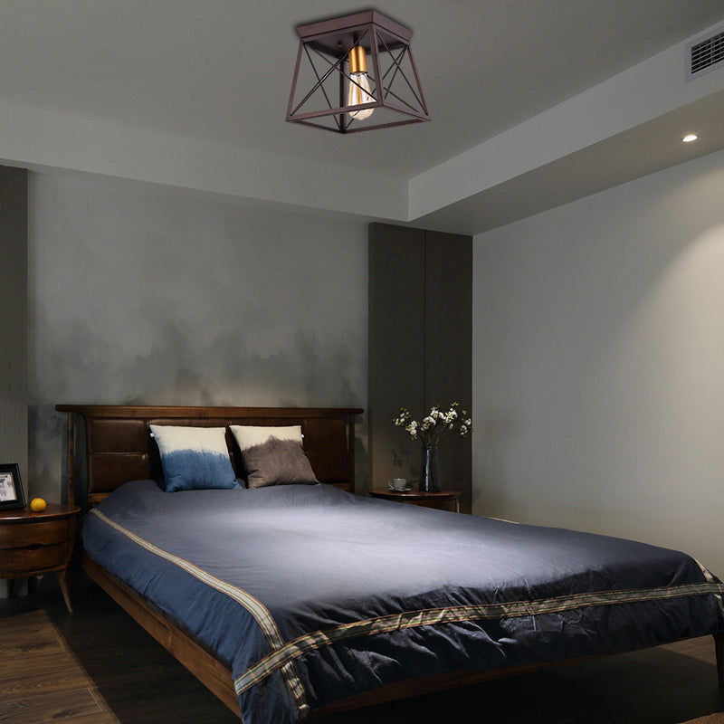 Metal Squared Frame Flush Light Industrial Style 2 Bulbs Coffee Ceiling Light Fixture for Restaurant, 10"/12" Wide Clearhalo 'Ceiling Lights' 'Close To Ceiling Lights' 'Close to ceiling' 'Flush mount' 'Industrial Flush Mount' Lighting' 257685
