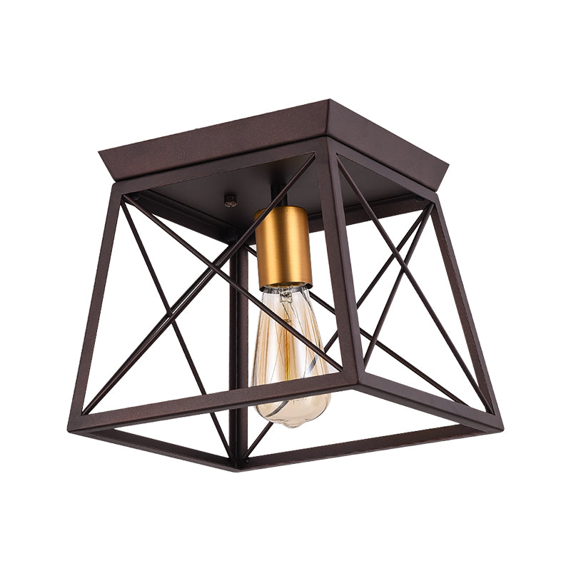 Metal Squared Frame Flush Light Industrial Style 2 Bulbs Coffee Ceiling Light Fixture for Restaurant, 10"/12" Wide Clearhalo 'Ceiling Lights' 'Close To Ceiling Lights' 'Close to ceiling' 'Flush mount' 'Industrial Flush Mount' Lighting' 257686