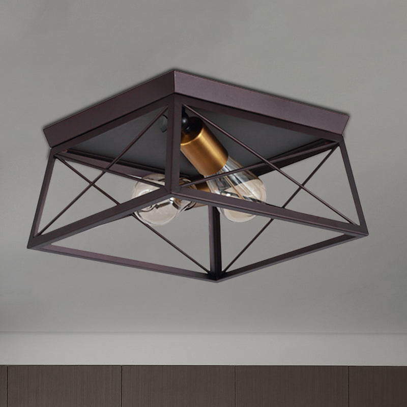 Metal Squared Frame Flush Light Industrial Style 2 Bulbs Coffee Ceiling Light Fixture for Restaurant, 10"/12" Wide Coffee 12" Clearhalo 'Ceiling Lights' 'Close To Ceiling Lights' 'Close to ceiling' 'Flush mount' 'Industrial Flush Mount' Lighting' 257687