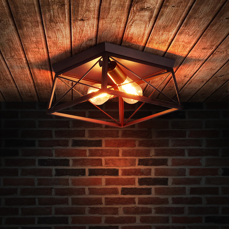 Metal Squared Frame Flush Light Industrial Style 2 Bulbs Coffee Ceiling Light Fixture for Restaurant, 10"/12" Wide Clearhalo 'Ceiling Lights' 'Close To Ceiling Lights' 'Close to ceiling' 'Flush mount' 'Industrial Flush Mount' Lighting' 257688