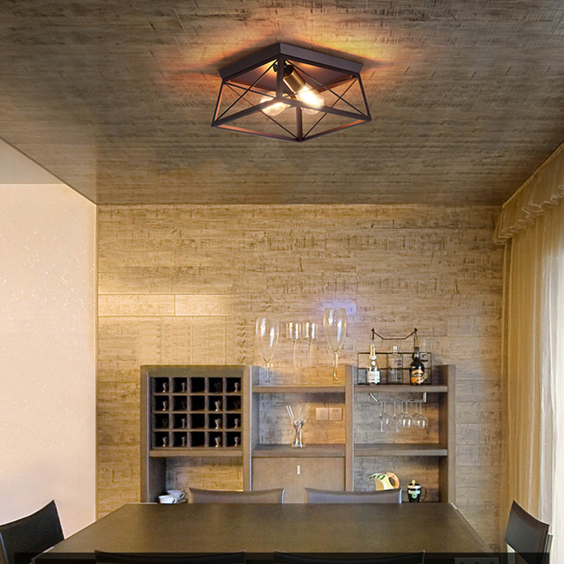 Metal Squared Frame Flush Light Industrial Style 2 Bulbs Coffee Ceiling Light Fixture for Restaurant, 10"/12" Wide Clearhalo 'Ceiling Lights' 'Close To Ceiling Lights' 'Close to ceiling' 'Flush mount' 'Industrial Flush Mount' Lighting' 257689