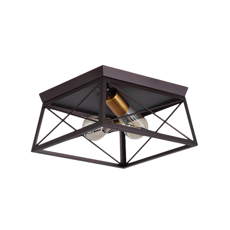 Metal Squared Frame Flush Light Industrial Style 2 Bulbs Coffee Ceiling Light Fixture for Restaurant, 10"/12" Wide Clearhalo 'Ceiling Lights' 'Close To Ceiling Lights' 'Close to ceiling' 'Flush mount' 'Industrial Flush Mount' Lighting' 257690
