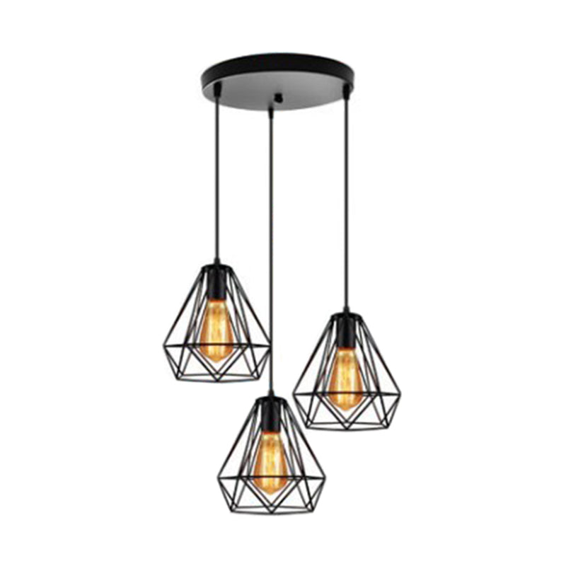 3 Lights Diamond Cage Multi Pendant Light,shopify Industrial Metal Hanging Pendant Lights for Restaurant Black Round Clearhalo 'Ceiling Lights' 'Lighting' 'Pendant Lights' 2578749_1520e914-6d57-4c63-acdd-daf0a9e46e70