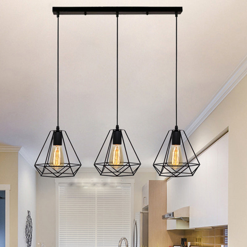 3 Lights Diamond Cage Multi Pendant Light Industrial Metal Hanging Pendant Lights for Restaurant Clearhalo 'Ceiling Lights' 'Modern Pendants' 'Modern' 'Pendant Lights' 'Pendants' Lighting' 2578750