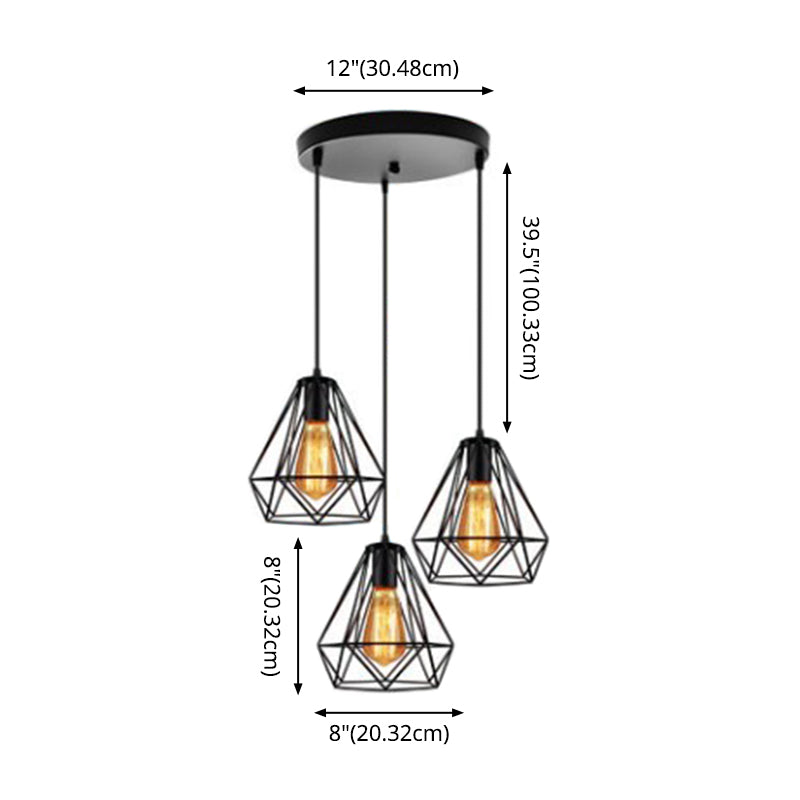 3 Lights Diamond Cage Multi Pendant Light,shopify Industrial Metal Hanging Pendant Lights for Restaurant Clearhalo 'Ceiling Lights' 'Lighting' 'Pendant Lights' 2578754_7f392915-edaa-4c0c-8213-a359e516b74d