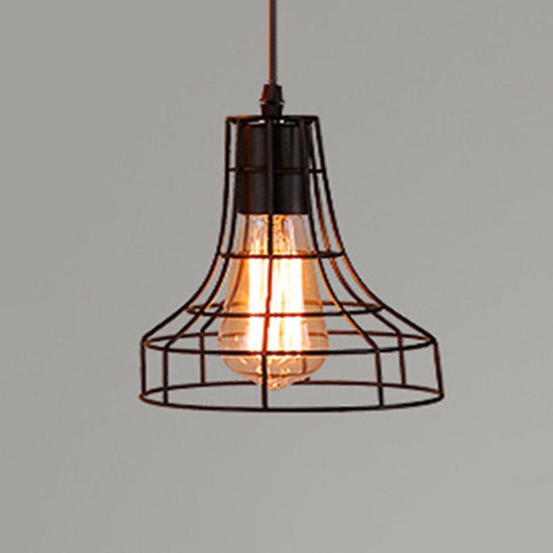 1 Light Cage Hanging Light Fixtures Retro Industrial Metal Ceiling Pendant for Restaurant Black Trumpet Clearhalo 'Art Deco Pendants' 'Black' 'Cast Iron' 'Ceiling Lights' 'Ceramic' 'Crystal' 'Industrial Pendants' 'Industrial' 'Metal' 'Middle Century Pendants' 'Pendant Lights' 'Pendants' 'Rustic Pendants' 'Tiffany' Lighting' 2578781