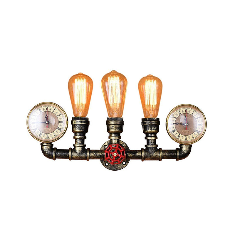Antique Brass Pipe Wall Sconce Rustic Stylish 3 Heads Wrought Iron Wall Light Fixture with Gauge and Valve Deco Clearhalo 'Art deco wall lights' 'Cast Iron' 'Glass' 'Industrial wall lights' 'Industrial' 'Middle century wall lights' 'Modern' 'Rustic wall lights' 'Tiffany' 'Traditional wall lights' 'Wall Lamps & Sconces' 'Wall Lights' Lighting' 257880