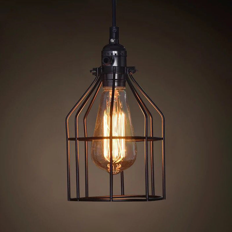 1 Light Caged Hanging Light Fixtures Retro Industrial Style Metallic Hanging Pendant Lights for Bar Black House Clearhalo 'Art Deco Pendants' 'Black' 'Cast Iron' 'Ceiling Lights' 'Ceramic' 'Crystal' 'Industrial Pendants' 'Industrial' 'Metal' 'Middle Century Pendants' 'Pendant Lights' 'Pendants' 'Rustic Pendants' 'Tiffany' Lighting' 2578876