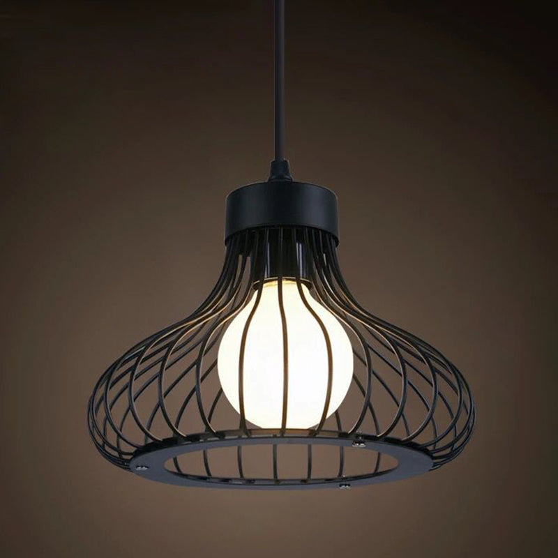 1 Light Caged Hanging Light Fixtures Retro Industrial Style Metallic Hanging Pendant Lights for Bar Black Bell Clearhalo 'Art Deco Pendants' 'Black' 'Cast Iron' 'Ceiling Lights' 'Ceramic' 'Crystal' 'Industrial Pendants' 'Industrial' 'Metal' 'Middle Century Pendants' 'Pendant Lights' 'Pendants' 'Rustic Pendants' 'Tiffany' Lighting' 2578883