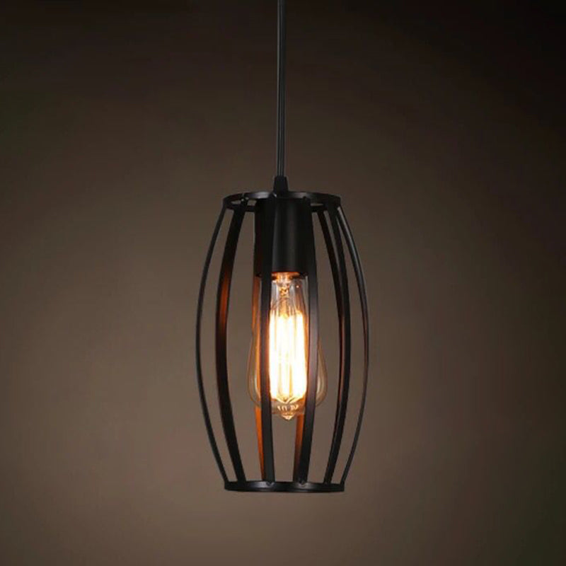 1 Light Caged Hanging Light Fixtures Retro Industrial Style Metallic Hanging Pendant Lights for Bar Black Barrel Clearhalo 'Art Deco Pendants' 'Black' 'Cast Iron' 'Ceiling Lights' 'Ceramic' 'Crystal' 'Industrial Pendants' 'Industrial' 'Metal' 'Middle Century Pendants' 'Pendant Lights' 'Pendants' 'Rustic Pendants' 'Tiffany' Lighting' 2578888