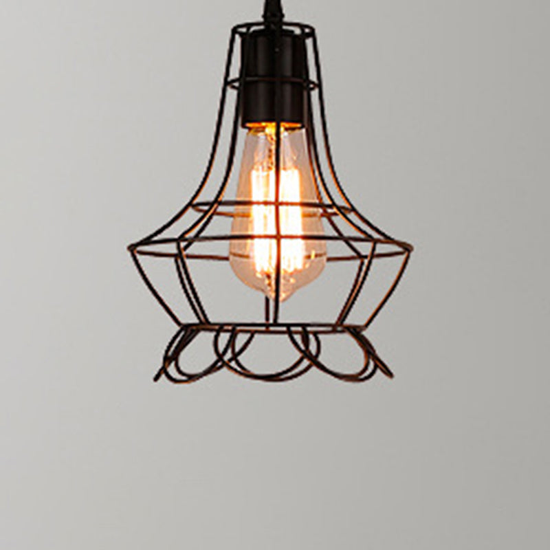 1 Light Caged Hanging Light Fixtures Retro Industrial Style Metallic Hanging Pendant Lights for Bar Black with Lace Clearhalo 'Art Deco Pendants' 'Black' 'Cast Iron' 'Ceiling Lights' 'Ceramic' 'Crystal' 'Industrial Pendants' 'Industrial' 'Metal' 'Middle Century Pendants' 'Pendant Lights' 'Pendants' 'Rustic Pendants' 'Tiffany' Lighting' 2578892
