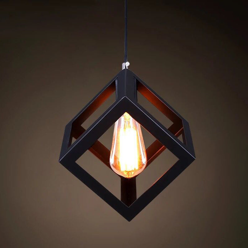 1 Light Caged Hanging Light Fixtures Retro Industrial Style Metallic Hanging Pendant Lights for Bar Black Square Clearhalo 'Art Deco Pendants' 'Black' 'Cast Iron' 'Ceiling Lights' 'Ceramic' 'Crystal' 'Industrial Pendants' 'Industrial' 'Metal' 'Middle Century Pendants' 'Pendant Lights' 'Pendants' 'Rustic Pendants' 'Tiffany' Lighting' 2578893