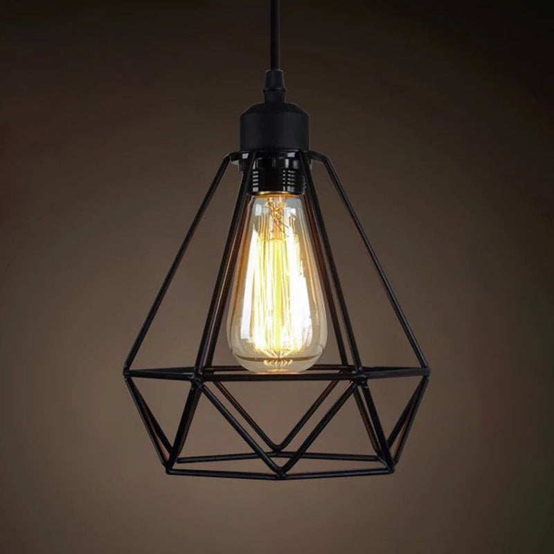 1 Light Caged Hanging Light Fixtures Retro Industrial Style Metallic Hanging Pendant Lights for Bar Black Diamond Clearhalo 'Art Deco Pendants' 'Black' 'Cast Iron' 'Ceiling Lights' 'Ceramic' 'Crystal' 'Industrial Pendants' 'Industrial' 'Metal' 'Middle Century Pendants' 'Pendant Lights' 'Pendants' 'Rustic Pendants' 'Tiffany' Lighting' 2578913