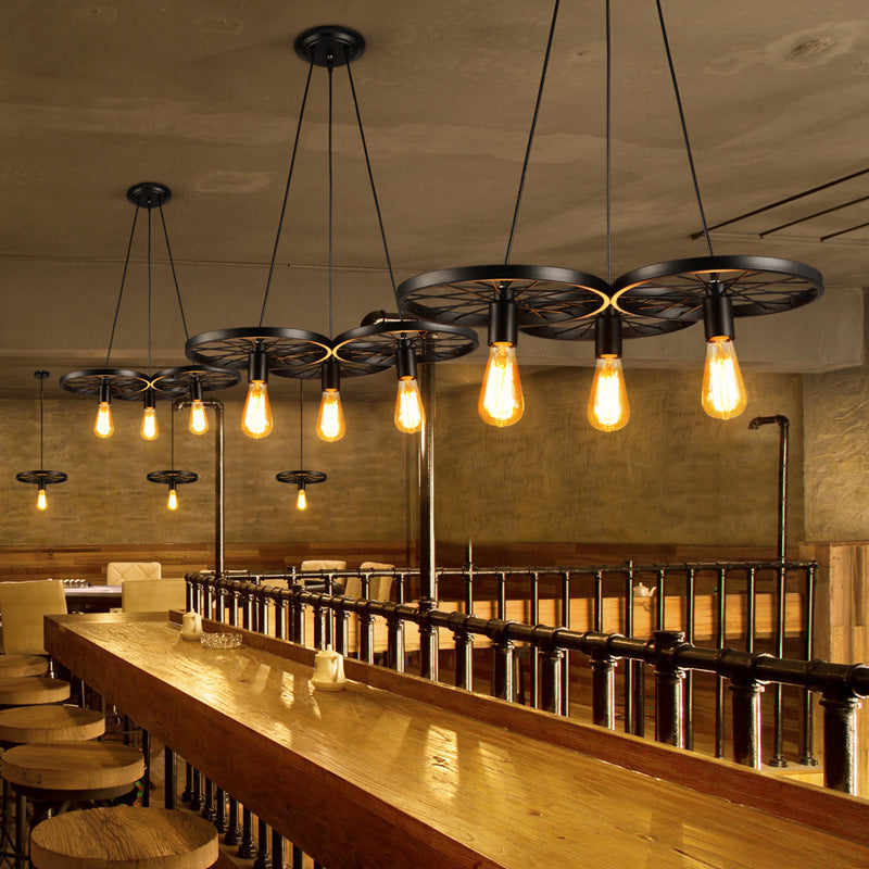 Wheel Multi Light Pendant Industrial Style Metallic Multiple Lamp Pendants for Restaurant Clearhalo 'Art Deco Pendants' 'Black' 'Cast Iron' 'Ceiling Lights' 'Ceramic' 'Crystal' 'Industrial Pendants' 'Industrial' 'Metal' 'Middle Century Pendants' 'Pendant Lights' 'Pendants' 'Rustic Pendants' 'Tiffany' Lighting' 2578974