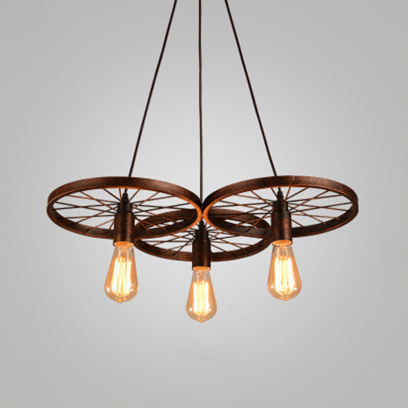 Wheel Multi Light Pendant Industrial Style Metallic Multiple Lamp Pendants for Restaurant 3 Rust Clearhalo 'Art Deco Pendants' 'Black' 'Cast Iron' 'Ceiling Lights' 'Ceramic' 'Crystal' 'Industrial Pendants' 'Industrial' 'Metal' 'Middle Century Pendants' 'Pendant Lights' 'Pendants' 'Rustic Pendants' 'Tiffany' Lighting' 2578981