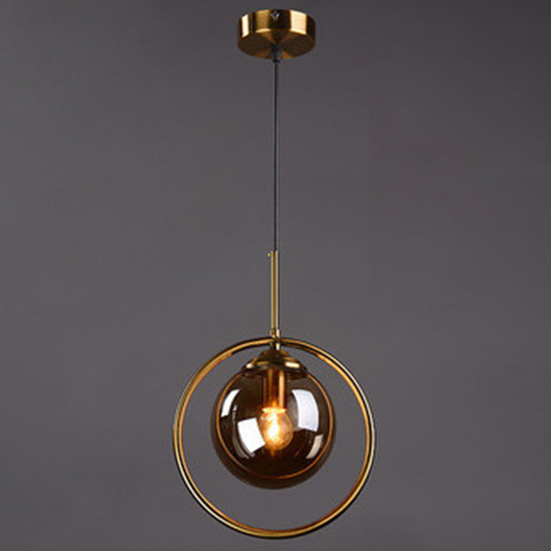 Mid-Century Design Globe Hanging Lamp Glass Shade with Metal Ring For Bedroom Grey Round Clearhalo 'Ceiling Lights' 'Glass shade' 'Glass' 'Modern Pendants' 'Modern' 'Pendant Lights' 'Pendants' Lighting' 2579315