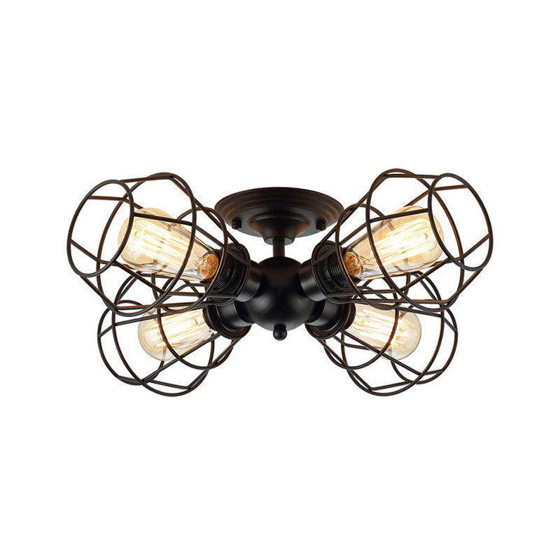 Cage Shade Metal Semi Flush Pendant Light Industrial 4 Heads Black Semi Mount Lighting for Living Room Clearhalo 'Ceiling Lights' 'Close To Ceiling Lights' 'Close to ceiling' 'Semi-flushmount' Lighting' 257965
