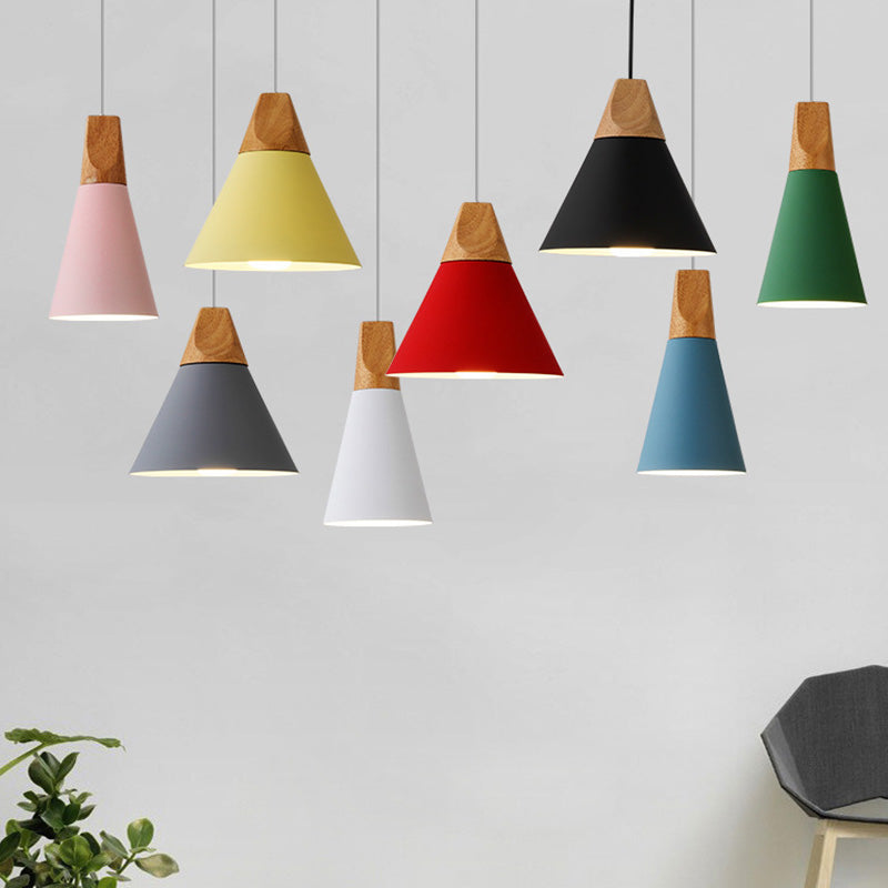 Metal Tapered Hanging Light Nordic Style 1 Light Restaurant Ceiling Pendant Lamp with Wooden Top Clearhalo 'Ceiling Lights' 'Modern Pendants' 'Modern' 'Pendant Lights' 'Pendants' Lighting' 2579795