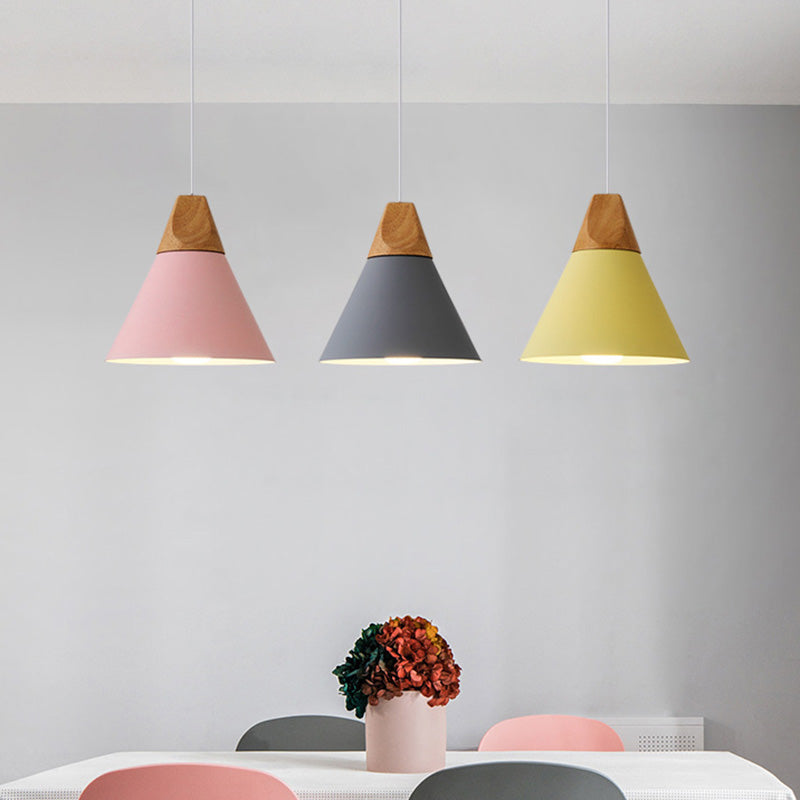 Metal Tapered Hanging Light Nordic Style 1 Light Restaurant Ceiling Pendant Lamp with Wooden Top Clearhalo 'Ceiling Lights' 'Modern Pendants' 'Modern' 'Pendant Lights' 'Pendants' Lighting' 2579798