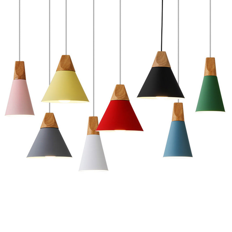 Metal Tapered Hanging Light Nordic Style 1 Light Restaurant Ceiling Pendant Lamp with Wooden Top Clearhalo 'Ceiling Lights' 'Modern Pendants' 'Modern' 'Pendant Lights' 'Pendants' Lighting' 2579804