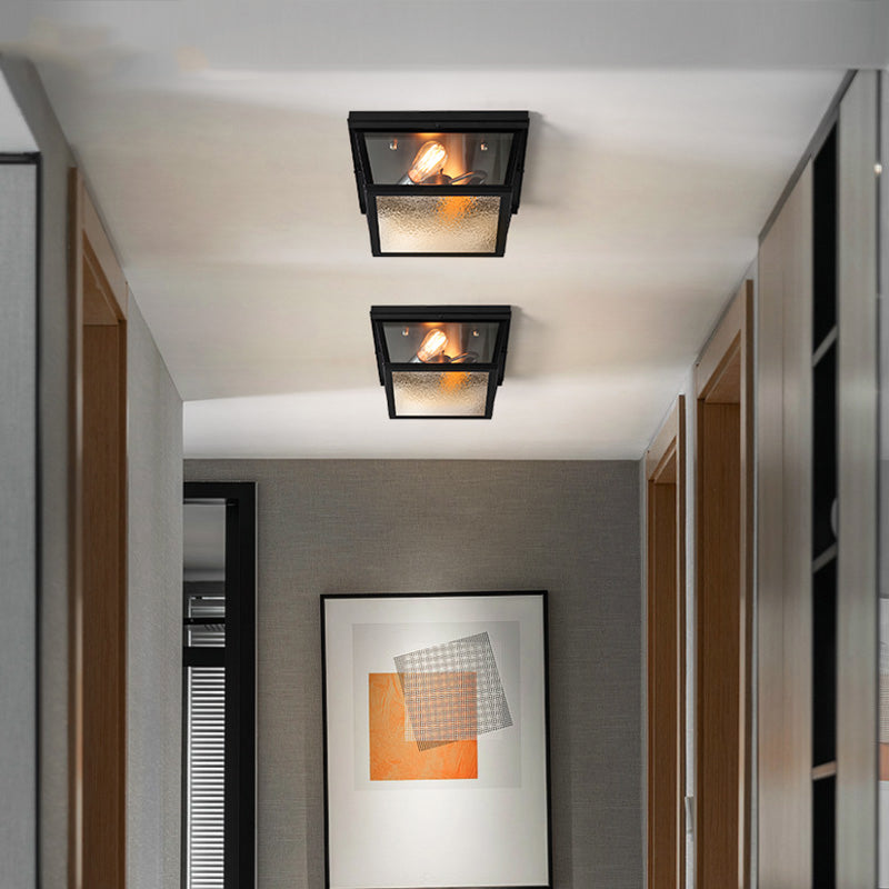 Industrial Squared Flush Ceiling Fixture Frosted Glass 2 Lights Corridor Flushmount Lamp in Black Clearhalo 'Ceiling Lights' 'Close To Ceiling Lights' 'Close to ceiling' 'Flush mount' 'Industrial Flush Mount' Lighting' 258024