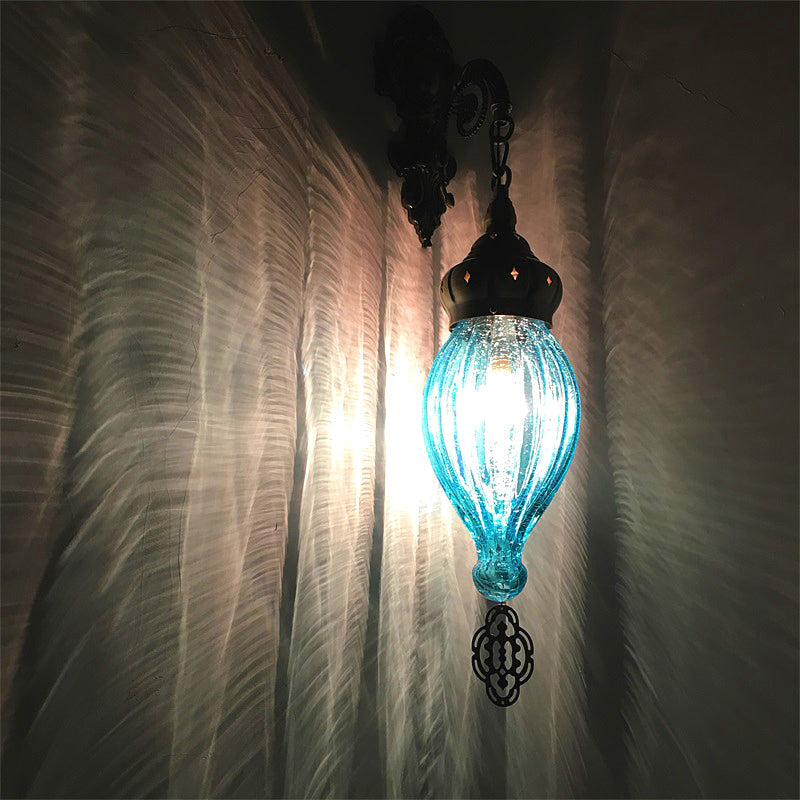 Traditional Teardrop Sconce Black/White/Light Blue Glass 1 Head Wall Mounted Lamp with Carved Metal Arm Light Blue Clearhalo 'Wall Lamps & Sconces' 'Wall Lights' Lighting' 258628