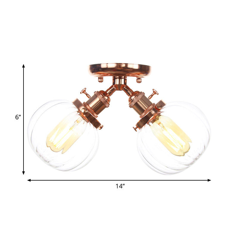 Amber/Clear Glass Ball Semi Flush Pendant Light Industrial Style 2 Heads Black/Bronze Ceiling Mounted Lamp for Restaurant Clearhalo 'Ceiling Lights' 'Close To Ceiling Lights' 'Close to ceiling' 'Glass shade' 'Glass' 'Semi-flushmount' Lighting' 258759