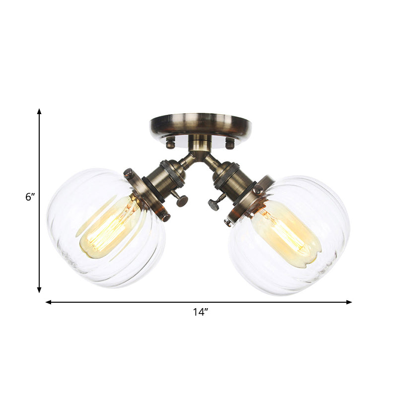 Amber/Clear Glass Ball Semi Flush Pendant Light Industrial Style 2 Heads Black/Bronze Ceiling Mounted Lamp for Restaurant Clearhalo 'Ceiling Lights' 'Close To Ceiling Lights' 'Close to ceiling' 'Glass shade' 'Glass' 'Semi-flushmount' Lighting' 258761