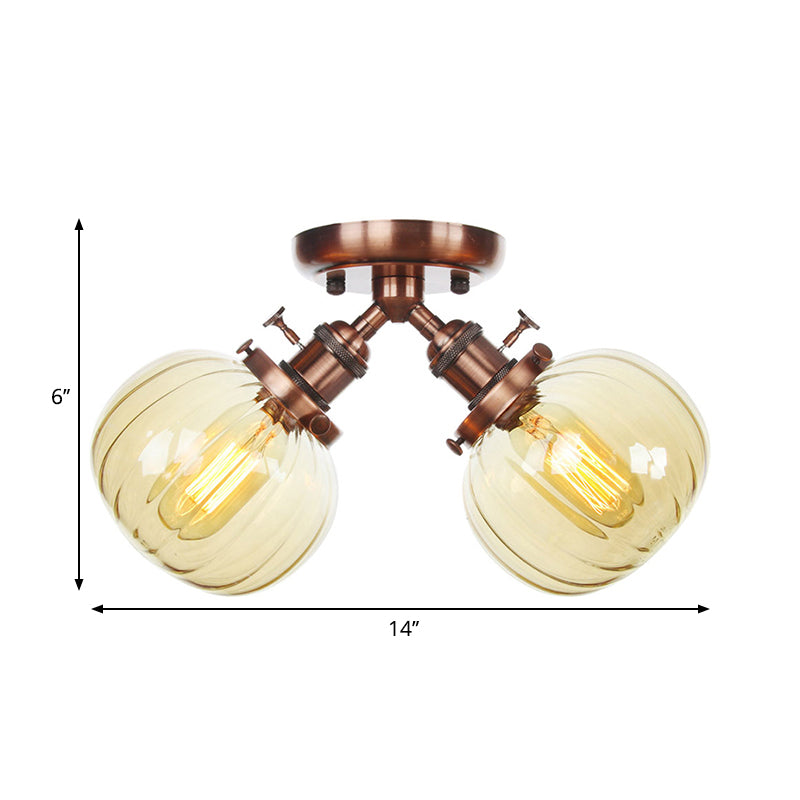 Amber/Clear Glass Ball Semi Flush Pendant Light Industrial Style 2 Heads Black/Bronze Ceiling Mounted Lamp for Restaurant Clearhalo 'Ceiling Lights' 'Close To Ceiling Lights' 'Close to ceiling' 'Glass shade' 'Glass' 'Semi-flushmount' Lighting' 258764