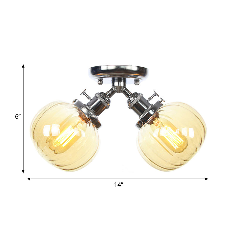 Amber/Clear Glass Ball Semi Flush Pendant Light Industrial Style 2 Heads Black/Bronze Ceiling Mounted Lamp for Restaurant Clearhalo 'Ceiling Lights' 'Close To Ceiling Lights' 'Close to ceiling' 'Glass shade' 'Glass' 'Semi-flushmount' Lighting' 258767