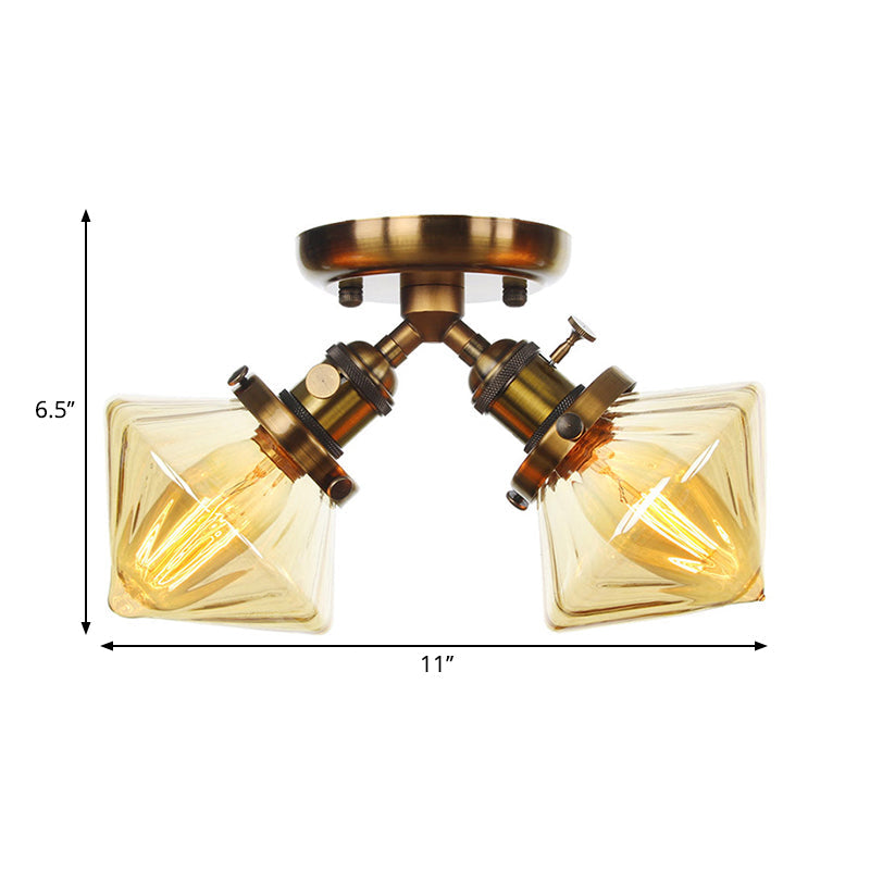 Diamond Amber/Clear Glass Semi Mount Lighting Farmhouse 2 Lights Black/Bronze Semi Flush Light Fixture for Restaurant Clearhalo 'Ceiling Lights' 'Close To Ceiling Lights' 'Close to ceiling' 'Semi-flushmount' Lighting' 258786