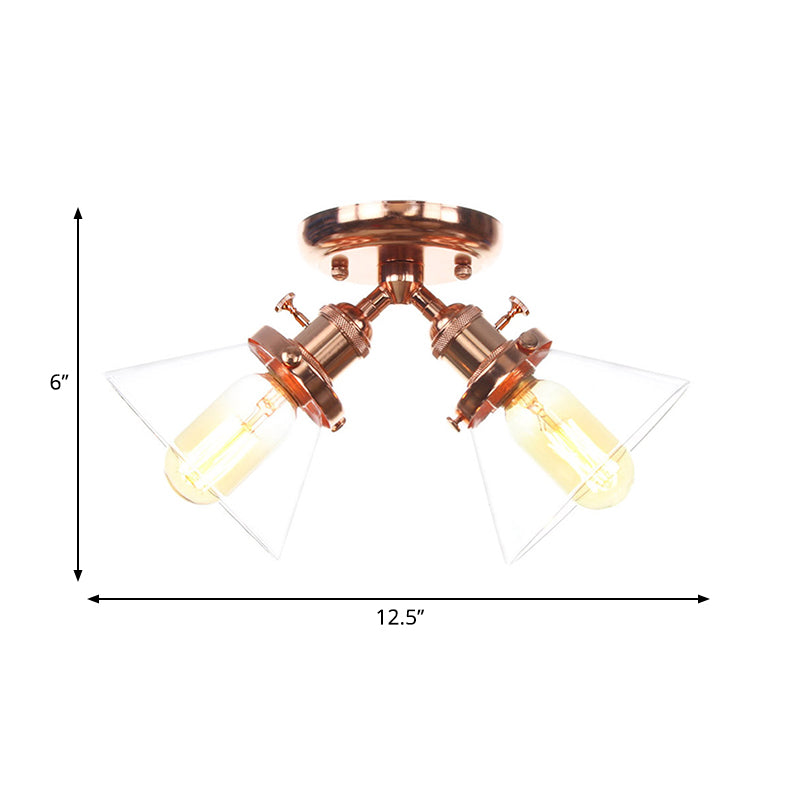 2 Heads Restaurant Ceiling Light Fixture Vintage Style Black/Bronze Semi Flush Mount Light with Conic Amber/Clear Glass Shade Clearhalo 'Ceiling Lights' 'Chandeliers' 'Close To Ceiling Lights' 'Close to ceiling' 'Glass shade' 'Glass' 'Semi-flushmount' Lighting' 258795