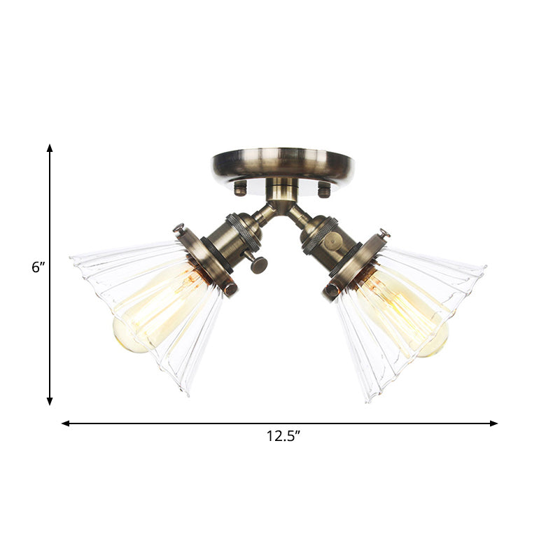 Cone Shade Bedroom Semi Mount Lighting Amber/Clear Glass 2 Heads Industrial Stylish Ceiling Flush Mount in Black/Bronze Clearhalo 'Ceiling Lights' 'Close To Ceiling Lights' 'Close to ceiling' 'Glass shade' 'Glass' 'Pendant Lights' 'Semi-flushmount' Lighting' 258809